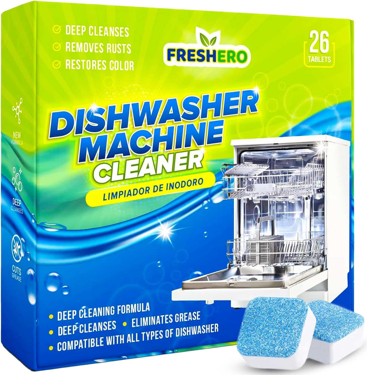 Freshero dishwasher cleaner and deodorizer tablets twenty six pack front view packaging