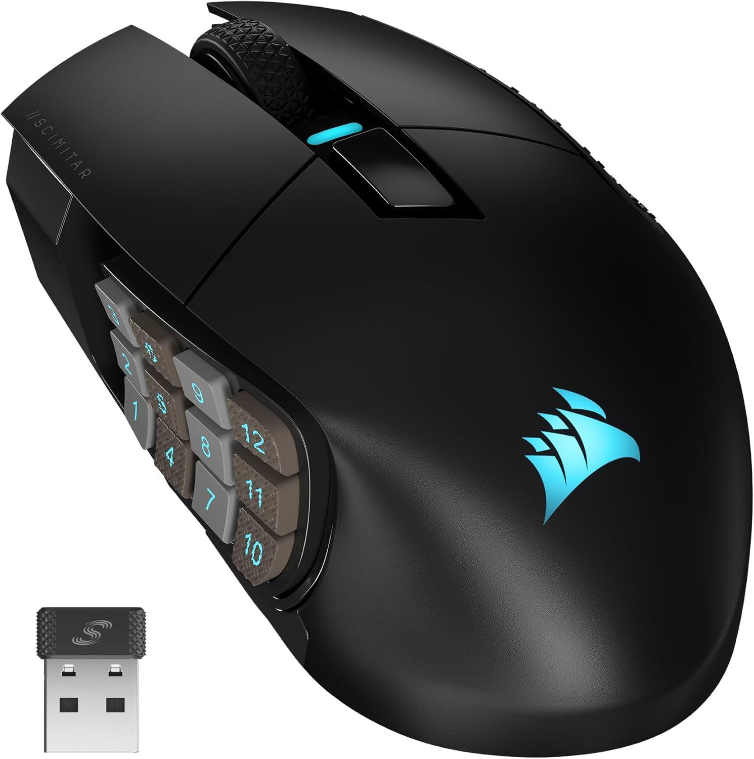 Corsair Scimitar Elite RGB Wireless MMO Gaming Mouse front view showcasing black premium shell design.