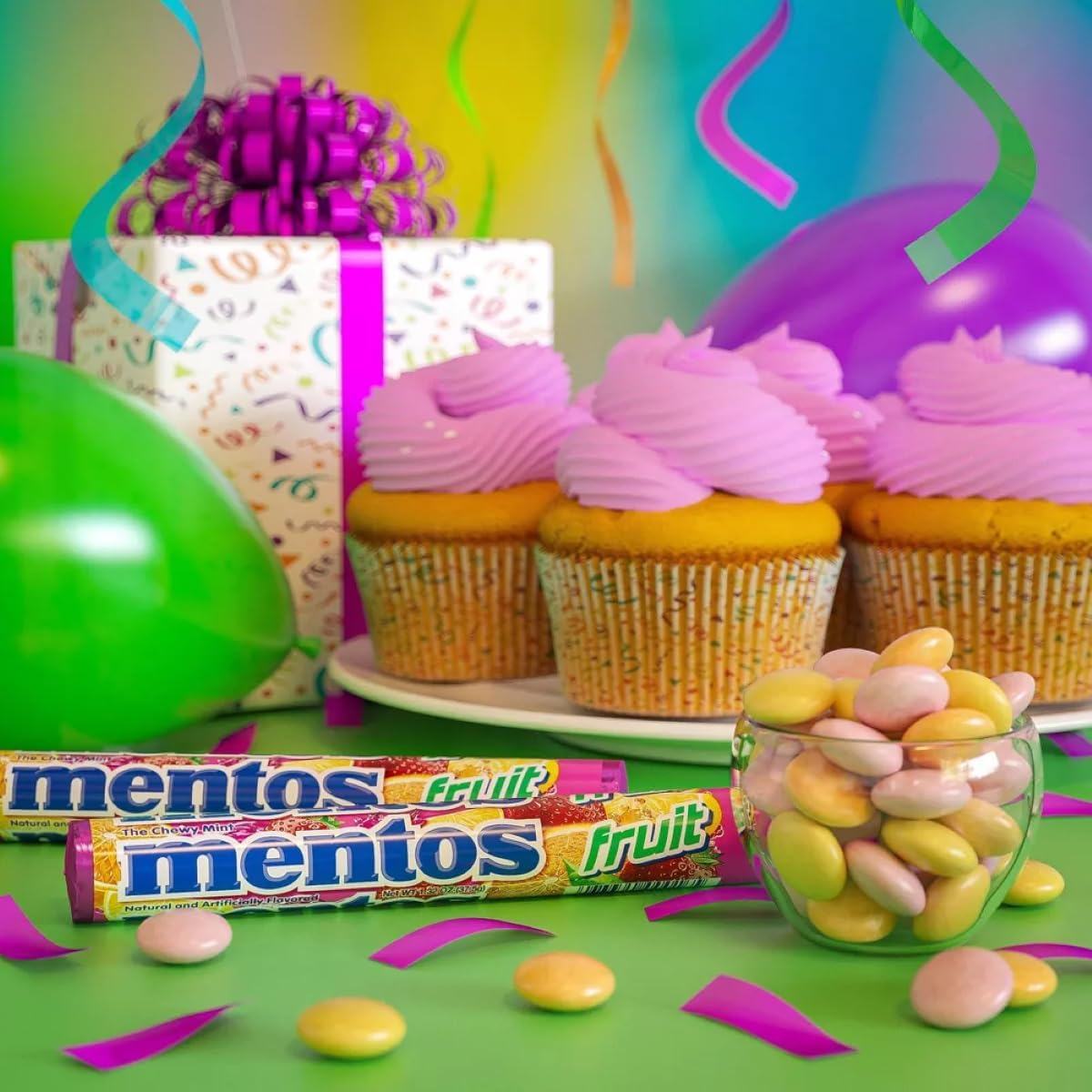 Side angle of the imported Mentos Fruit 6 pack wrapper highlighting product weight and nutrition labels.