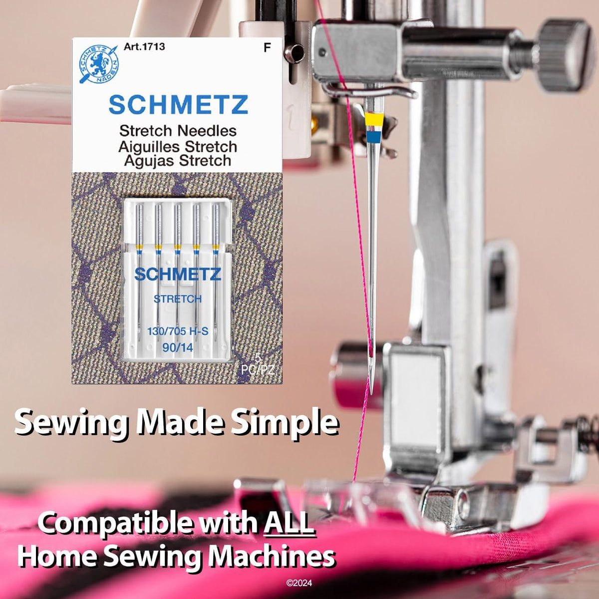 Close up view of Schmetz 90/14 stretch needle shank and point