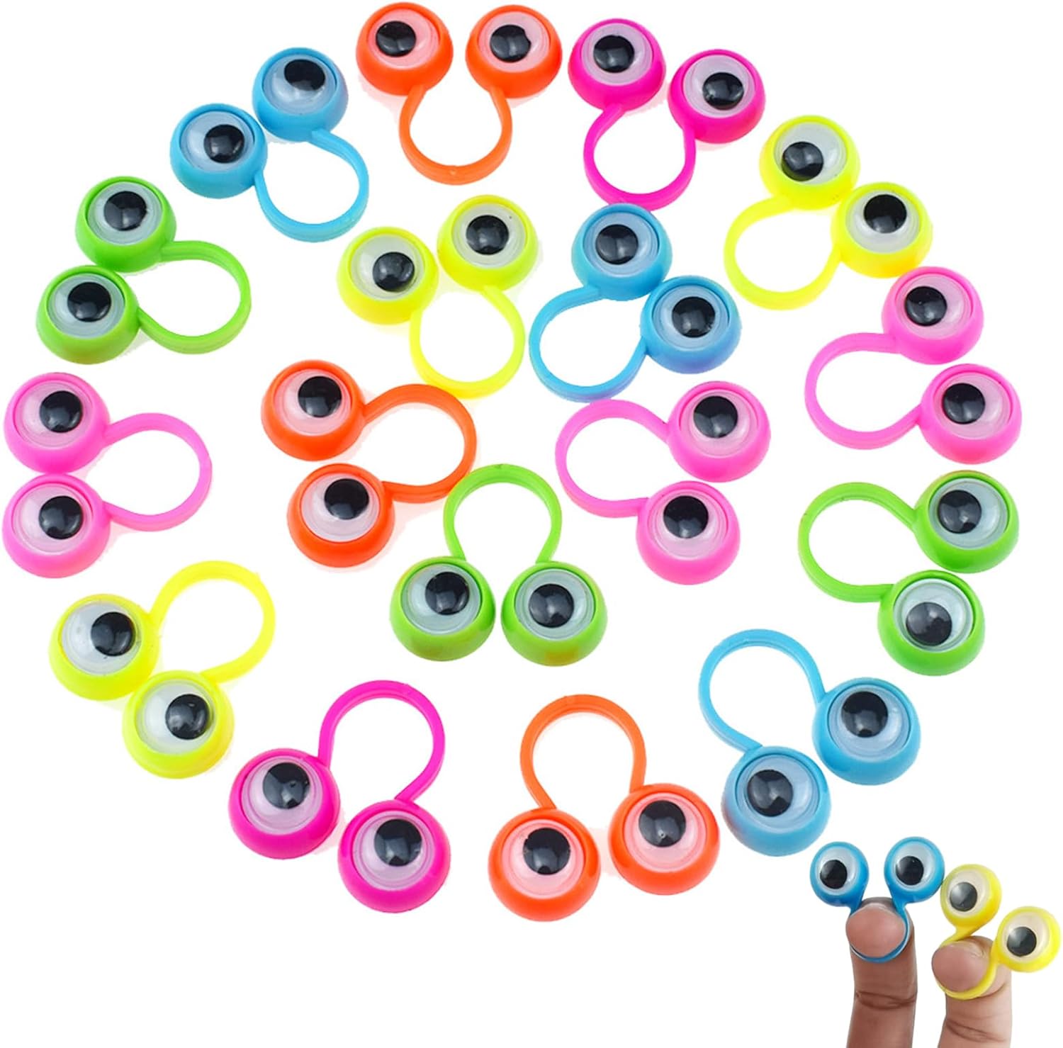 Aruytps 100 Piece Eye Finger Puppets front view showing colorful assortment of eyeball rings for kids party favors