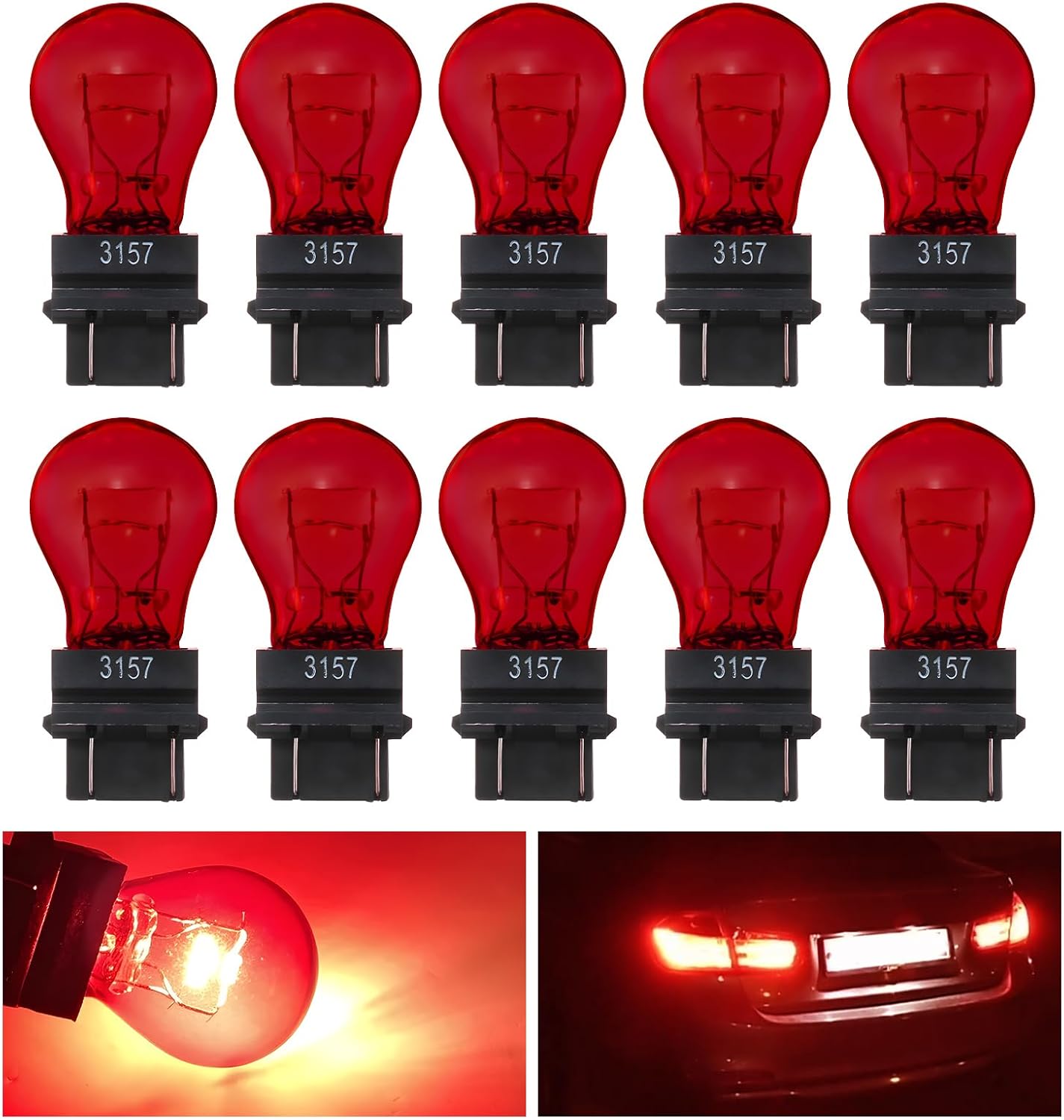 Wevdn 3157 red car brake light bulb pack front view showcasing micro quartz glass