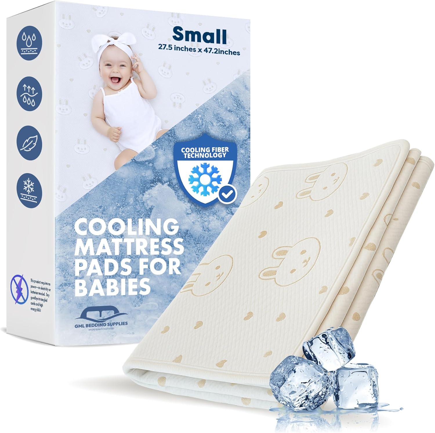 GML Bedding Supplies Bunny Cooling Crib Mattress Pad front view showcasing the white fabric and blue bunny print.