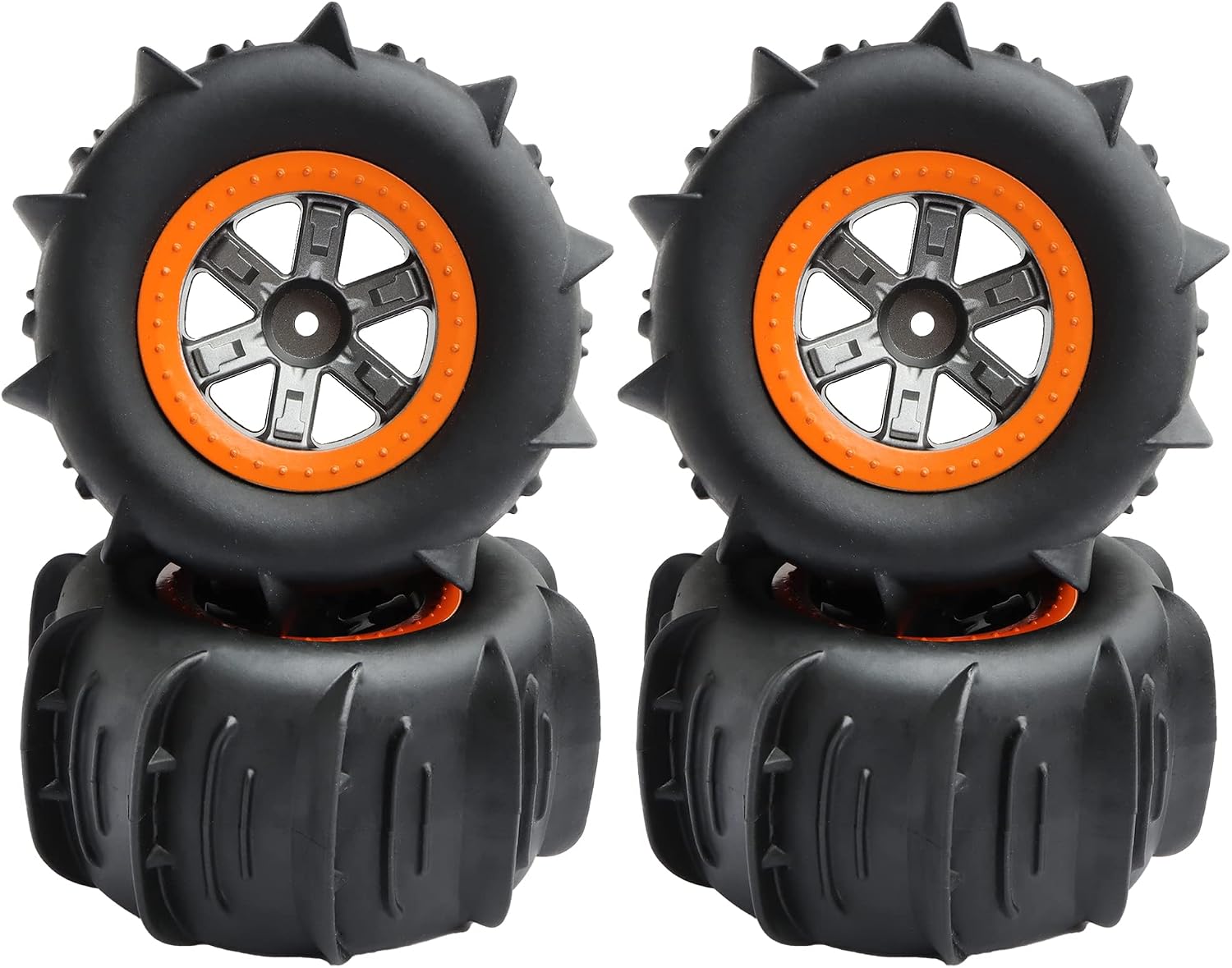 GDOOL RC paddle tires front view showcasing orange rims and tread