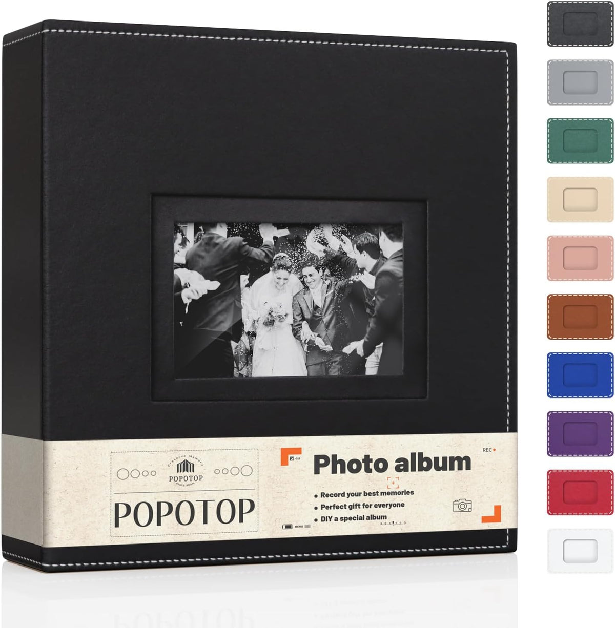 Popotop photo album leather hardcover front view showing customizable window