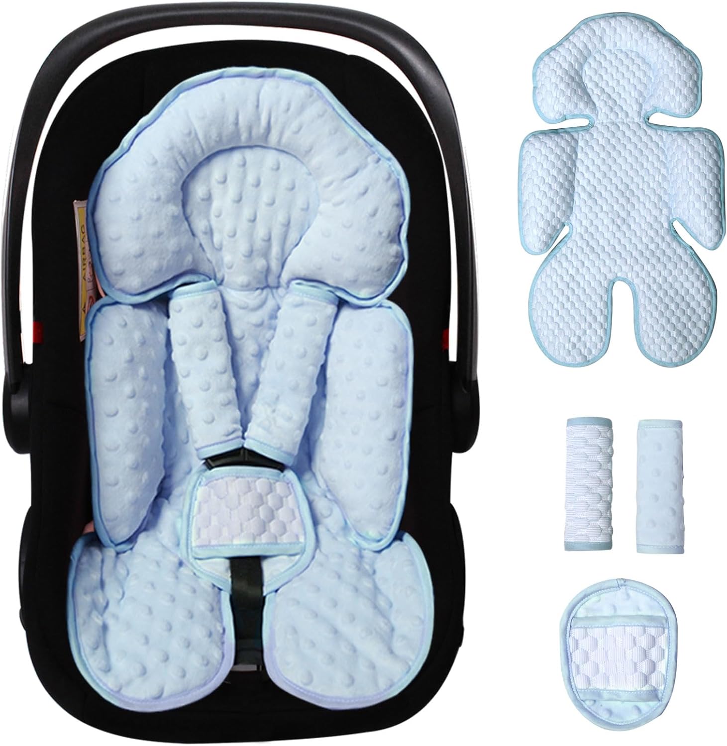 Boryokun infant car seat insert front view showing blue minky dot support cushion
