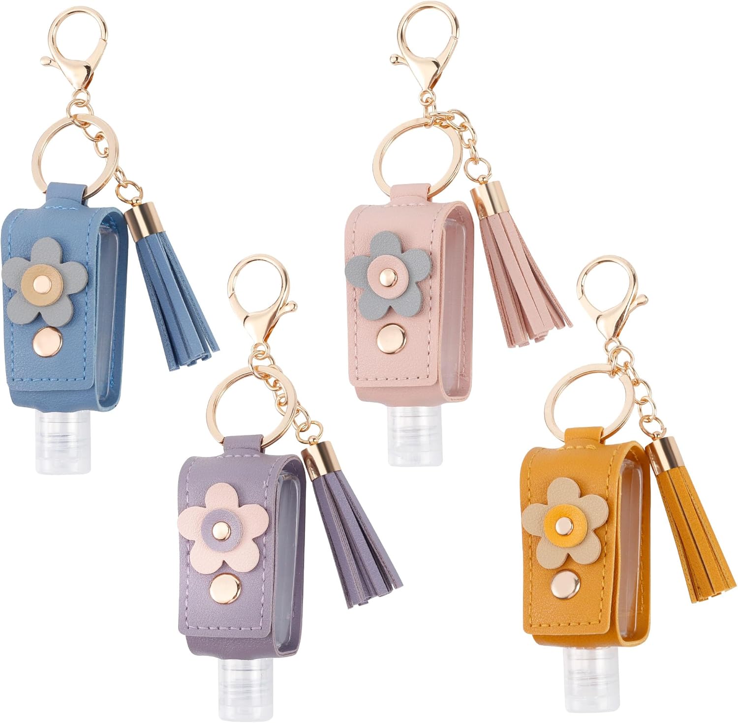 GTILE hand sanitizer keychain in four vibrant colors with PU leather holders and 30ml bottles