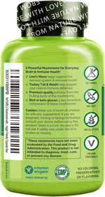 NATURELO mushroom capsules ingredient label close up