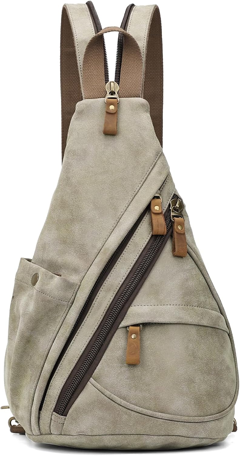 PU Leather Sling Bag - Small Crossbody Backpack Shoulder Casual Daypack Rucksack for Men Women(Khaki) - Image 15