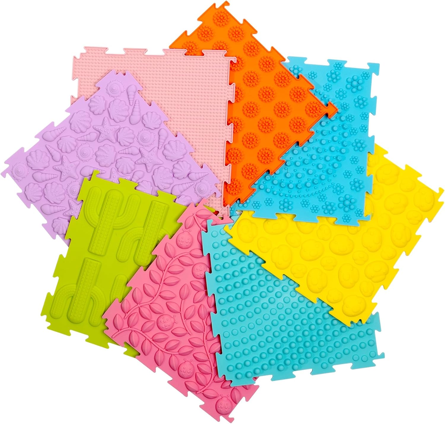 Akimraby 8 Pcs Sensory Mats set featuring colorful textured puzzle tiles