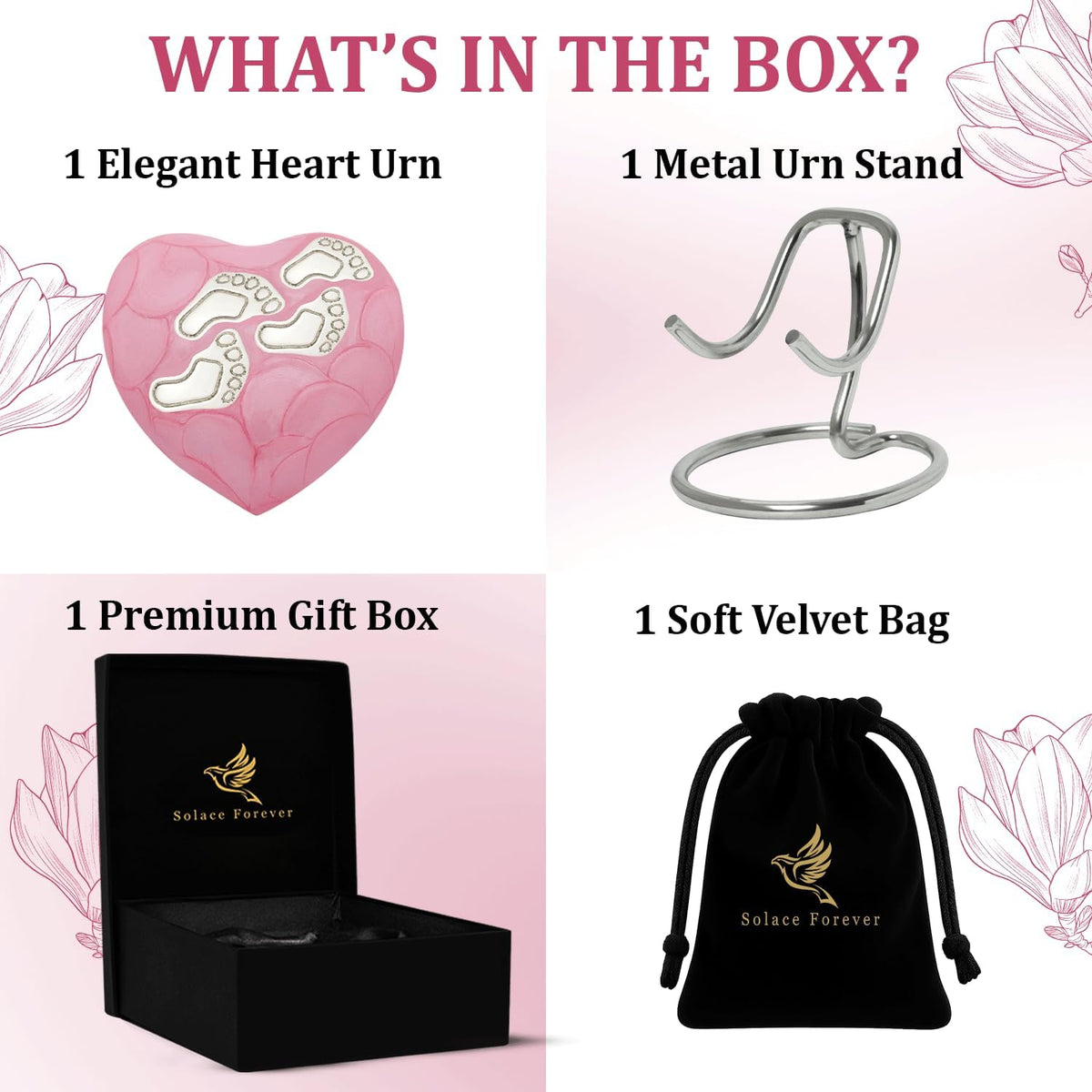 Solace Forever pink heart keepsake urn angled perspective on display stand.