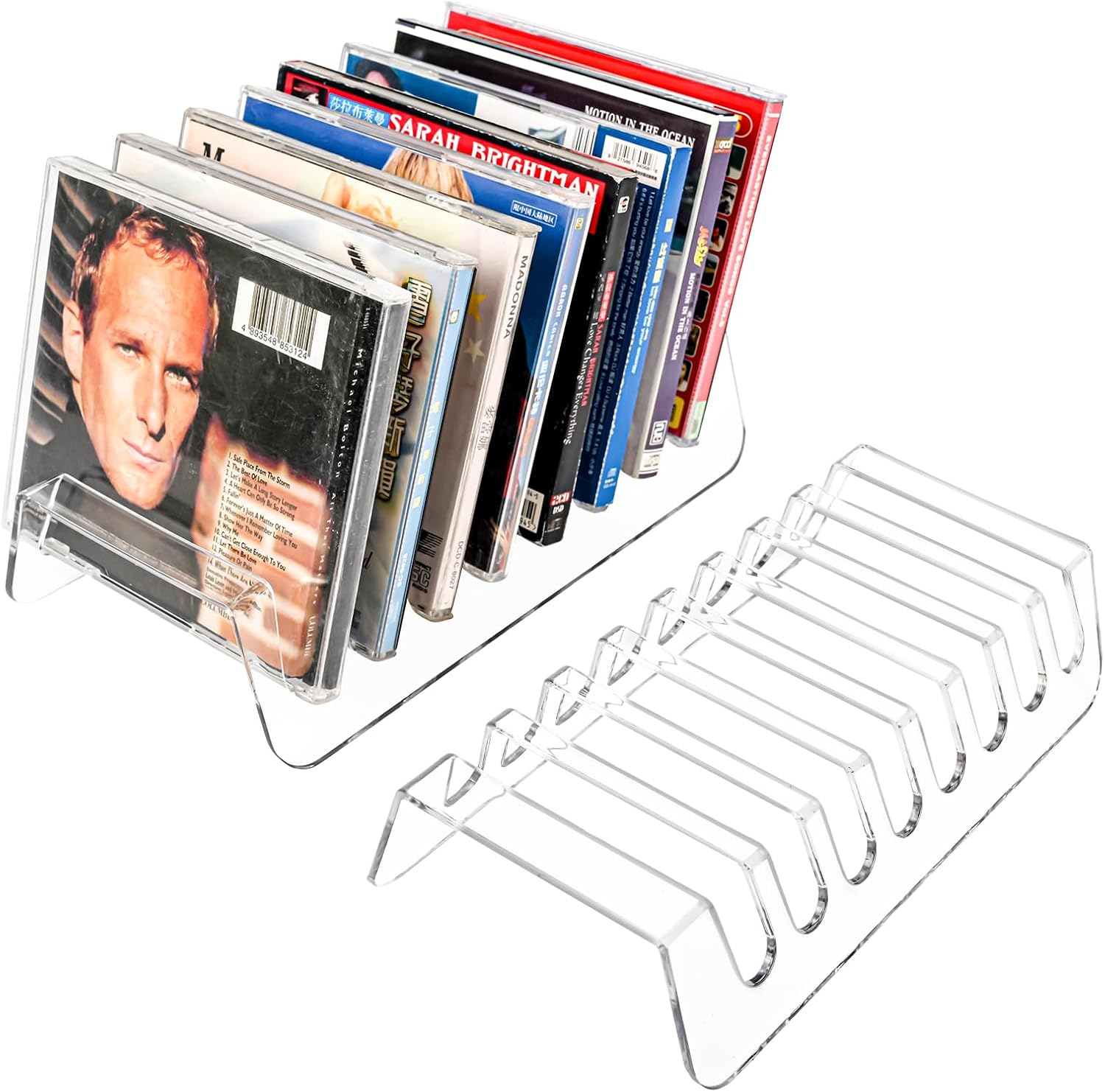CELSOL acrylic CD holder display stand front view on a modern desk setup.