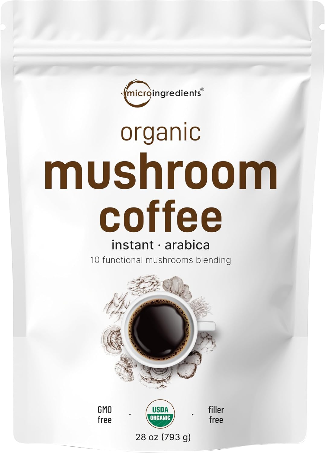Micro Ingredients organic instant mushroom coffee front view pouch