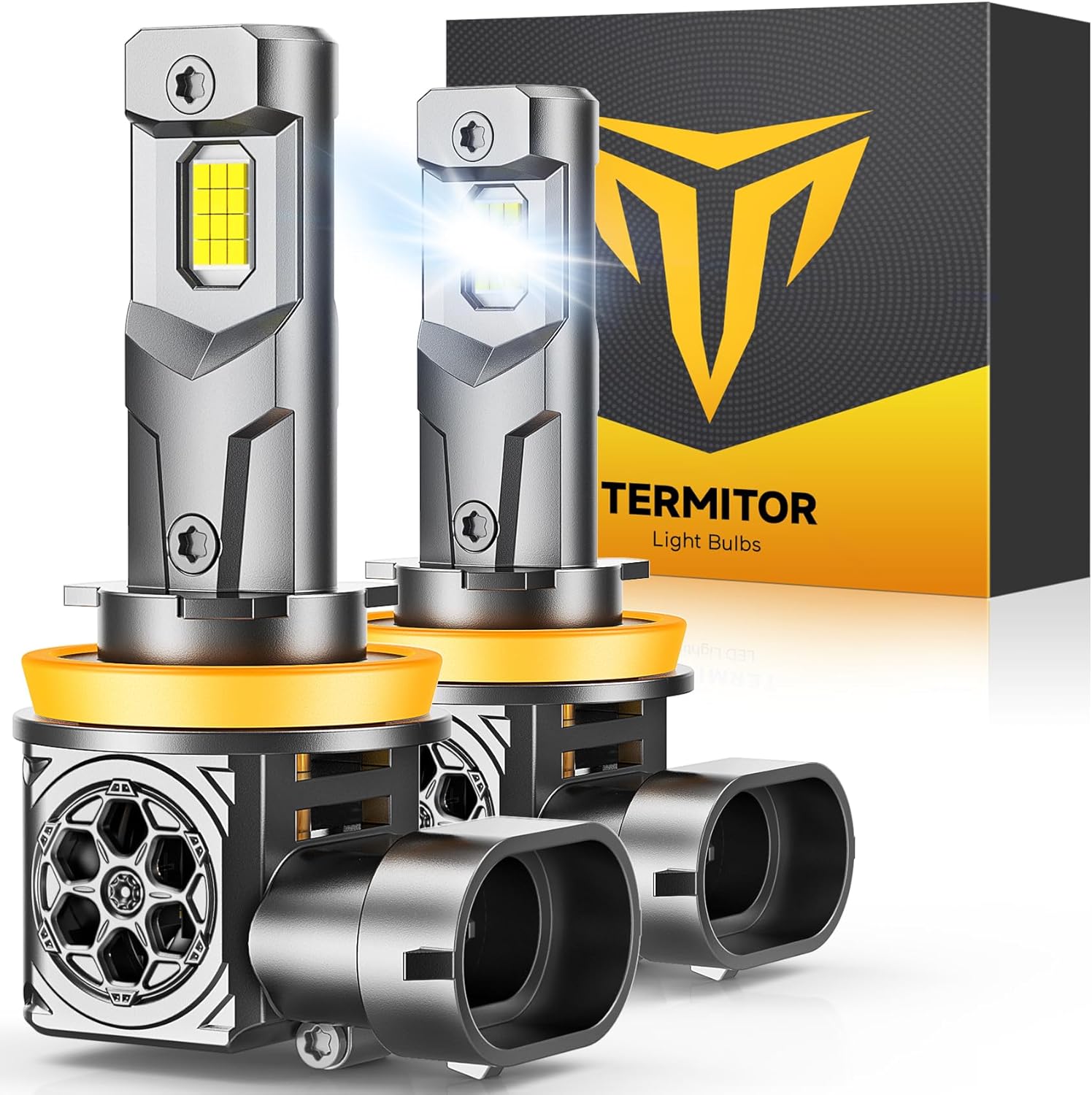Termitor upgraded H11 LED headlight bulbs front view showcasing the premium aviation aluminum body and integrated compact driver