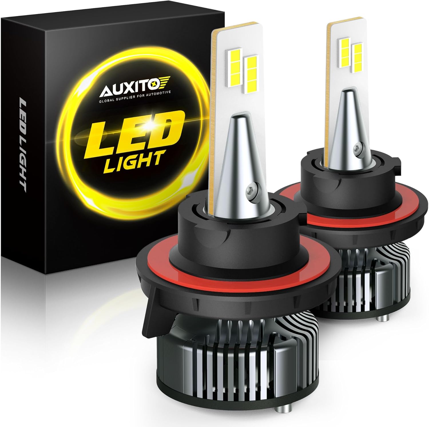 AUXITO H13 9008 LED headlight bulbs front view showing the dual-beam CSP chips and aviation aluminum housing.
