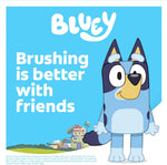 Colgate kids battery powered toothbrush with Bluey design showing the extra soft bristle head
