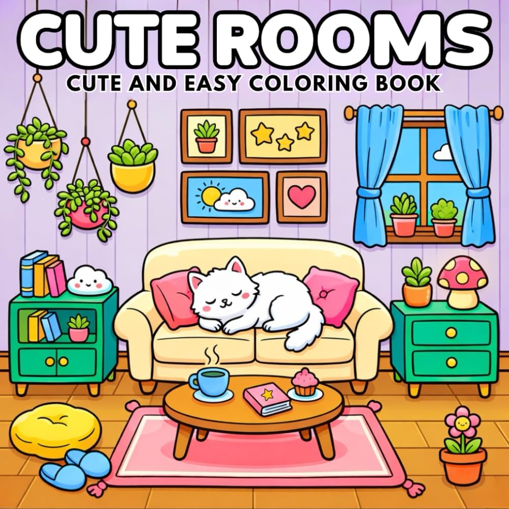 Mo Publishing Cute Rooms coloring book front cover featuring a cozy room scene for stress relief.