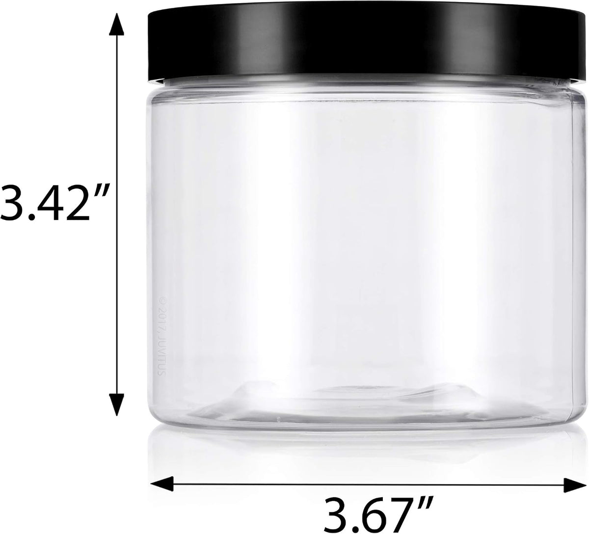 Juvitus 16 ounce storage jar with black lid angled view