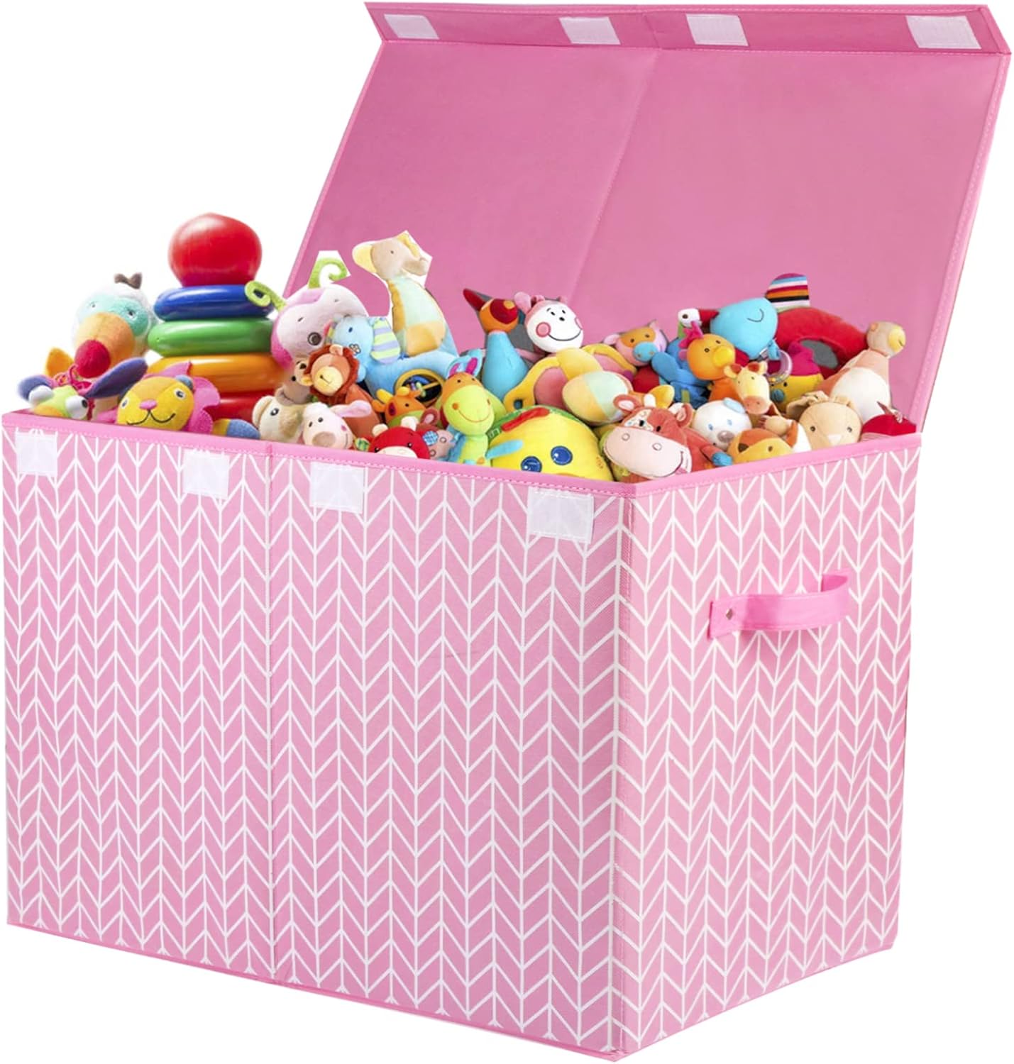 Mayniu large toy storage box chest pink front view filled with children's toys and stuffed animals