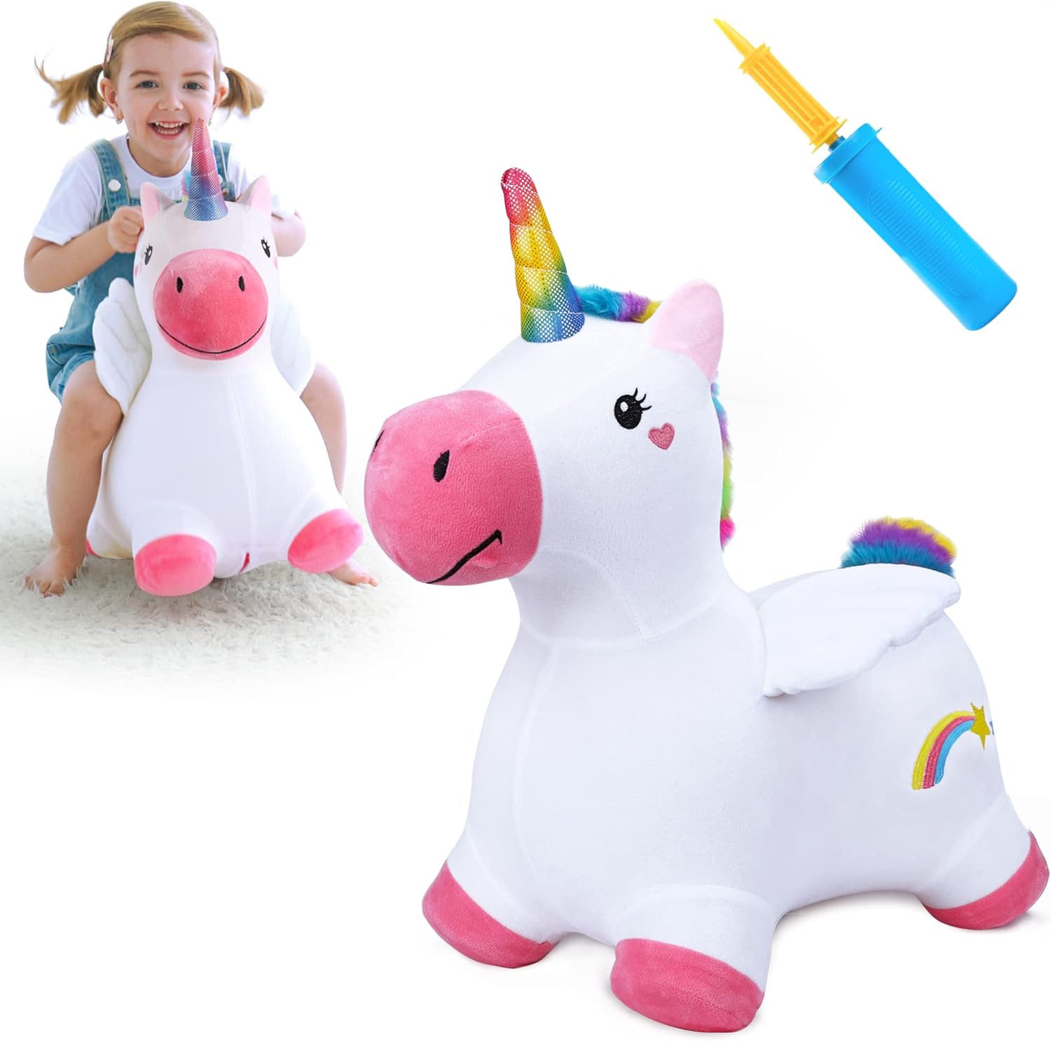iPlay, iLearn Bouncy Pals Hopping Unicorn Horse front view showing plush white body and rainbow mane.
