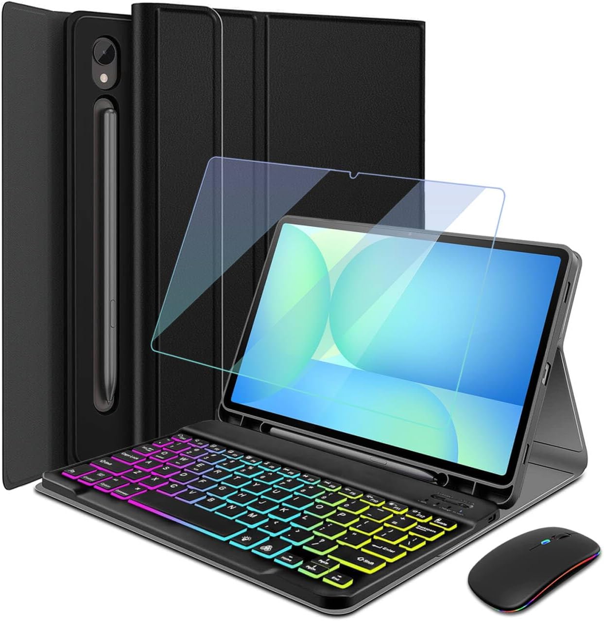 HSIAOZ Backlit Keyboard Case front view showing rainbow LED lighting on Samsung Galaxy tablet screen