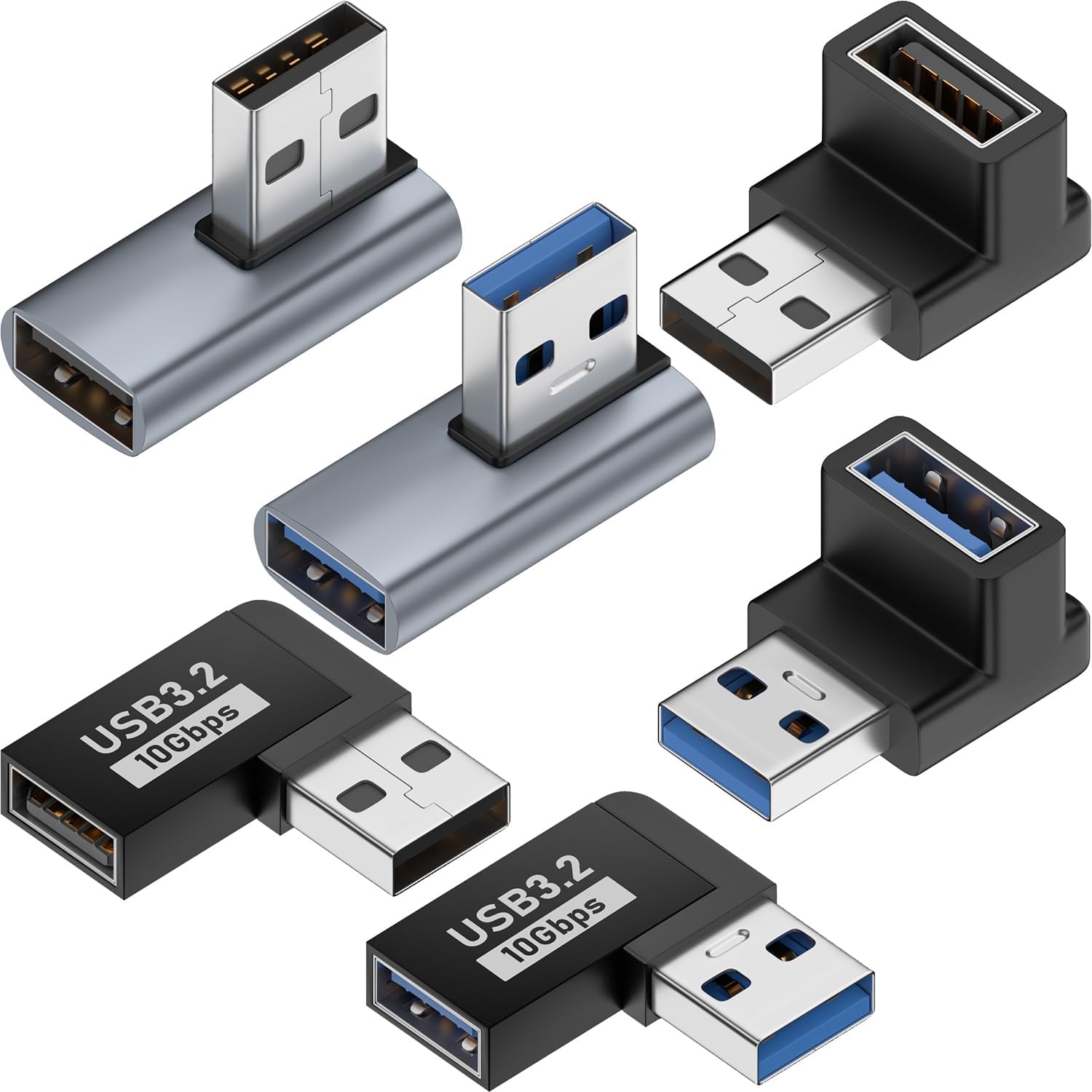 Warmstor 6 pack 10Gbps USB 3.1 male to female adapter front view showing six different 90 degree angled connectors