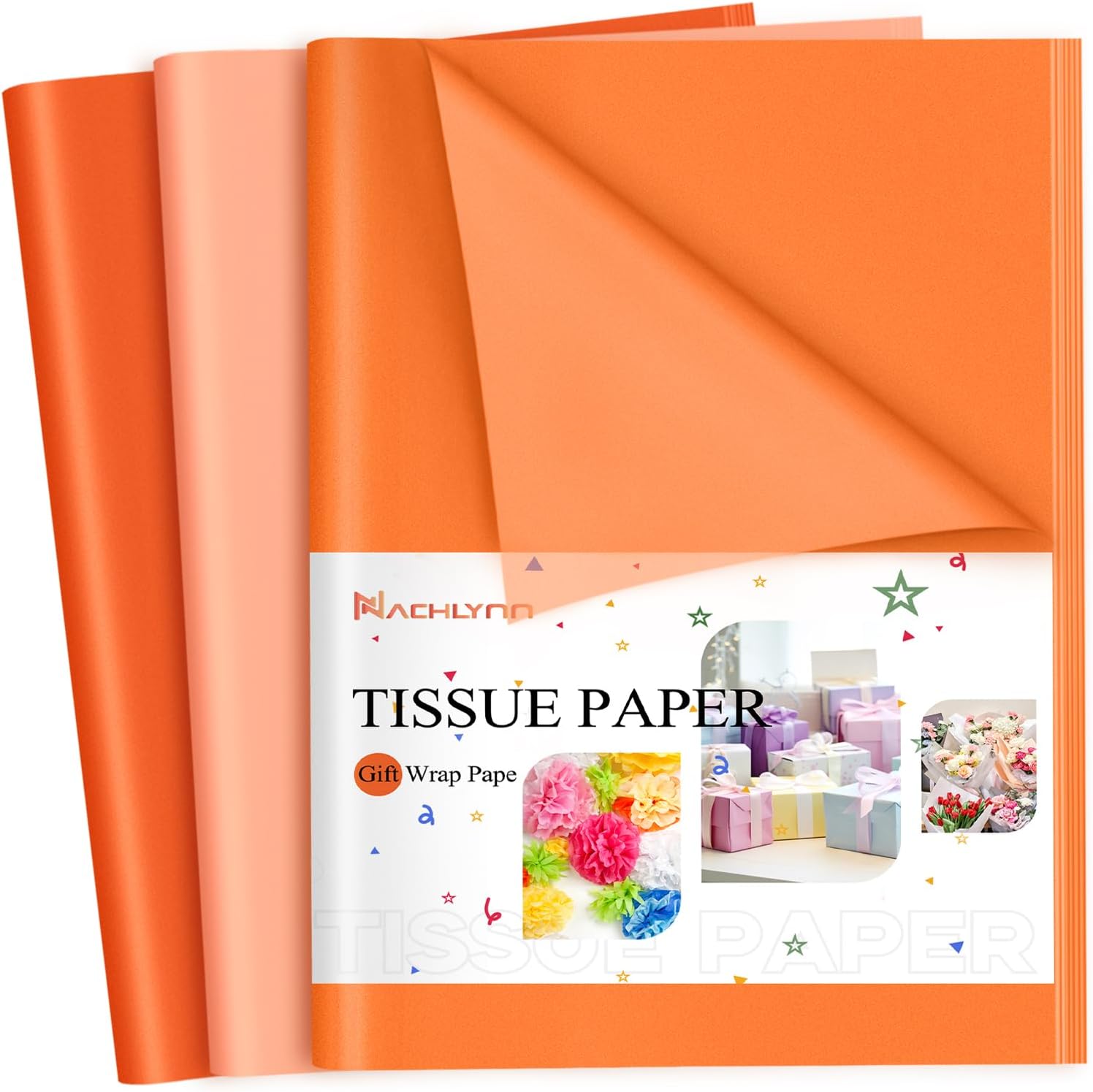 NACHLYNN 60 Sheets Orange Tissue Paper front view showcasing different gradient shades of orange craft paper.