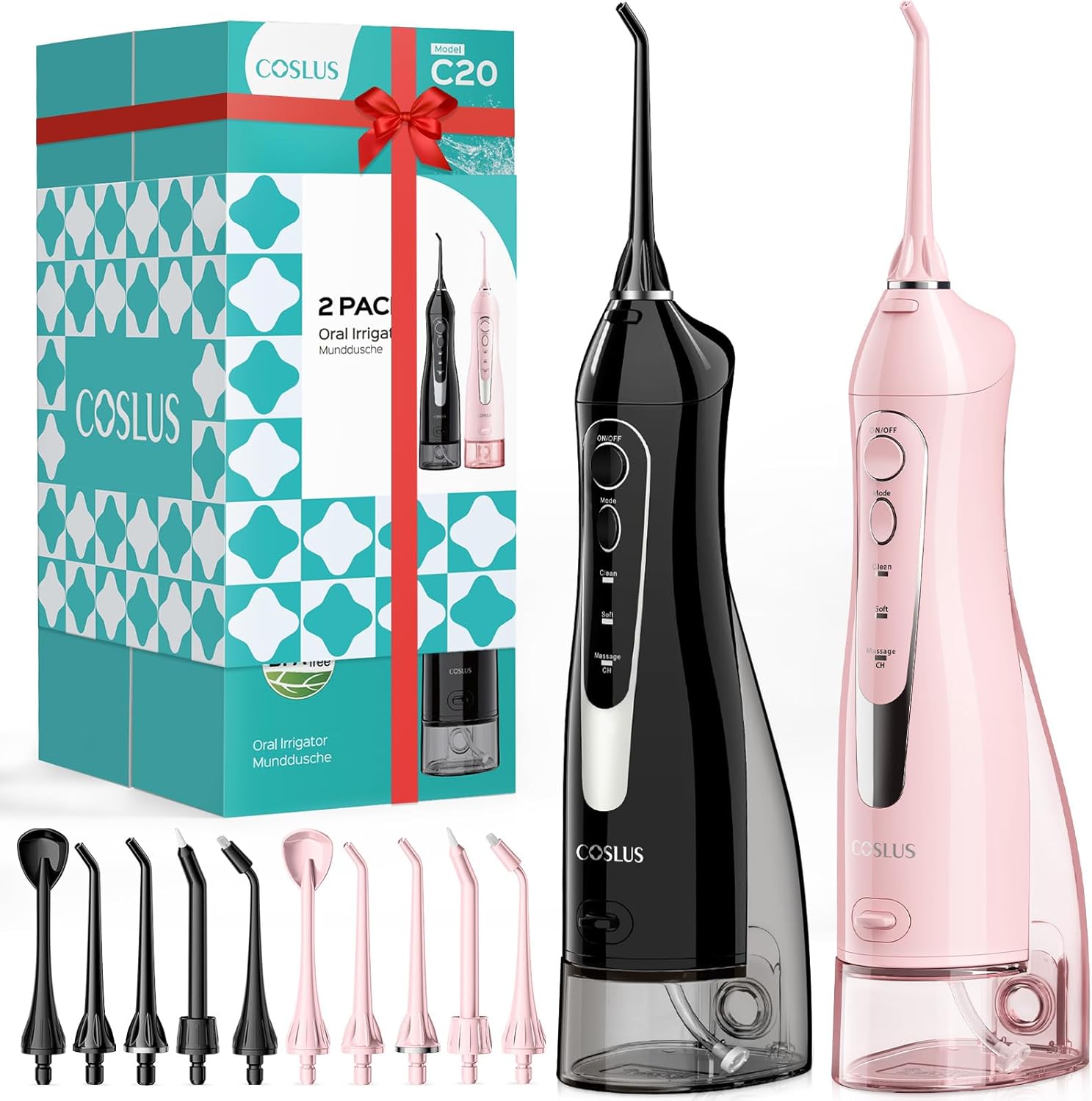 COSLUS 2 Pack Cordless Water Flosser with Elegant Packaging for Teeth, Braces, Gums Care - Easy to Use, Rechargeable, Waterproof, Portable for Travel, BPA-Free, Black & Pink, C20(F5020E) - Image 1