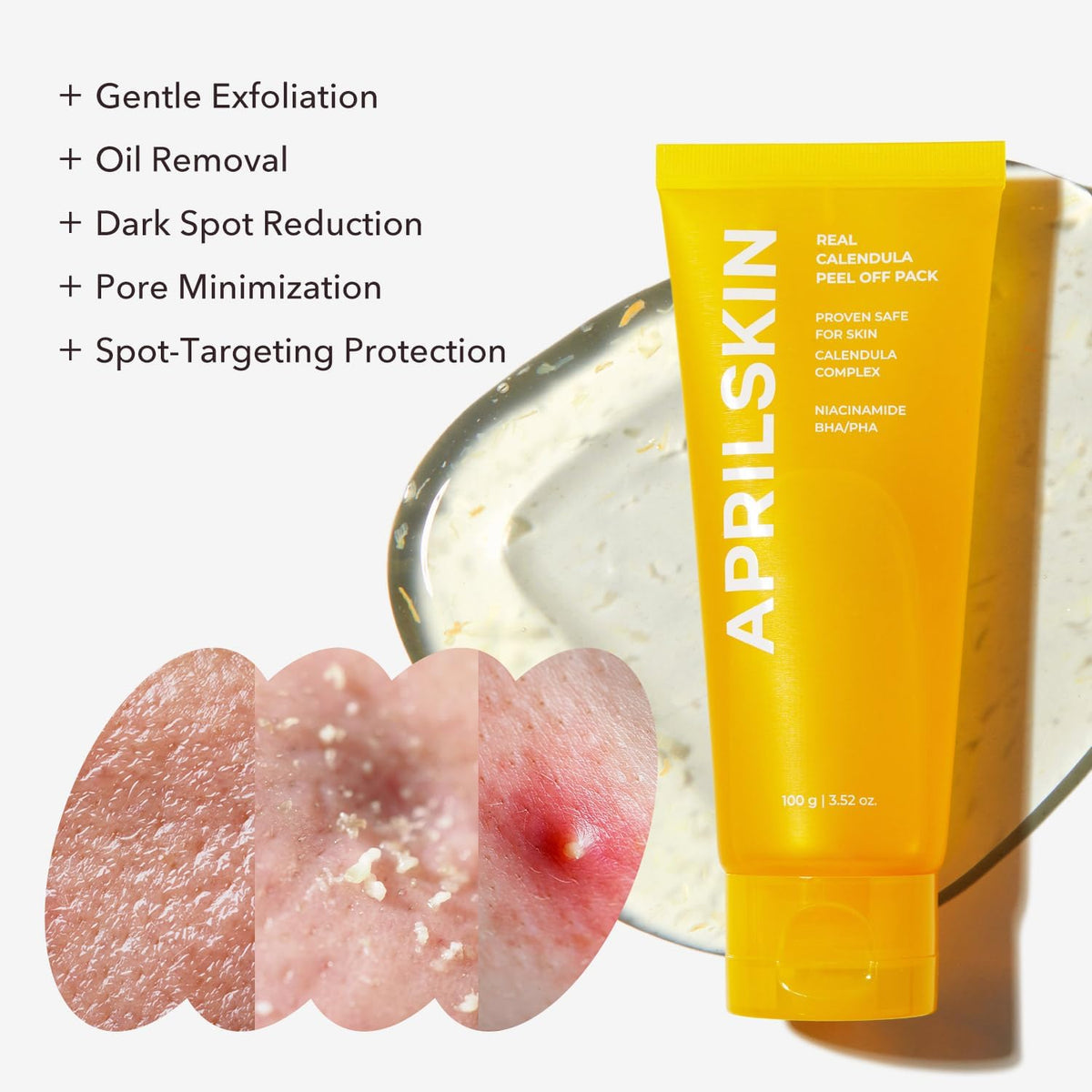 Texture shot of the gold calendula peel off formula and the pink capsule gel mask showing the encapsulated beads.