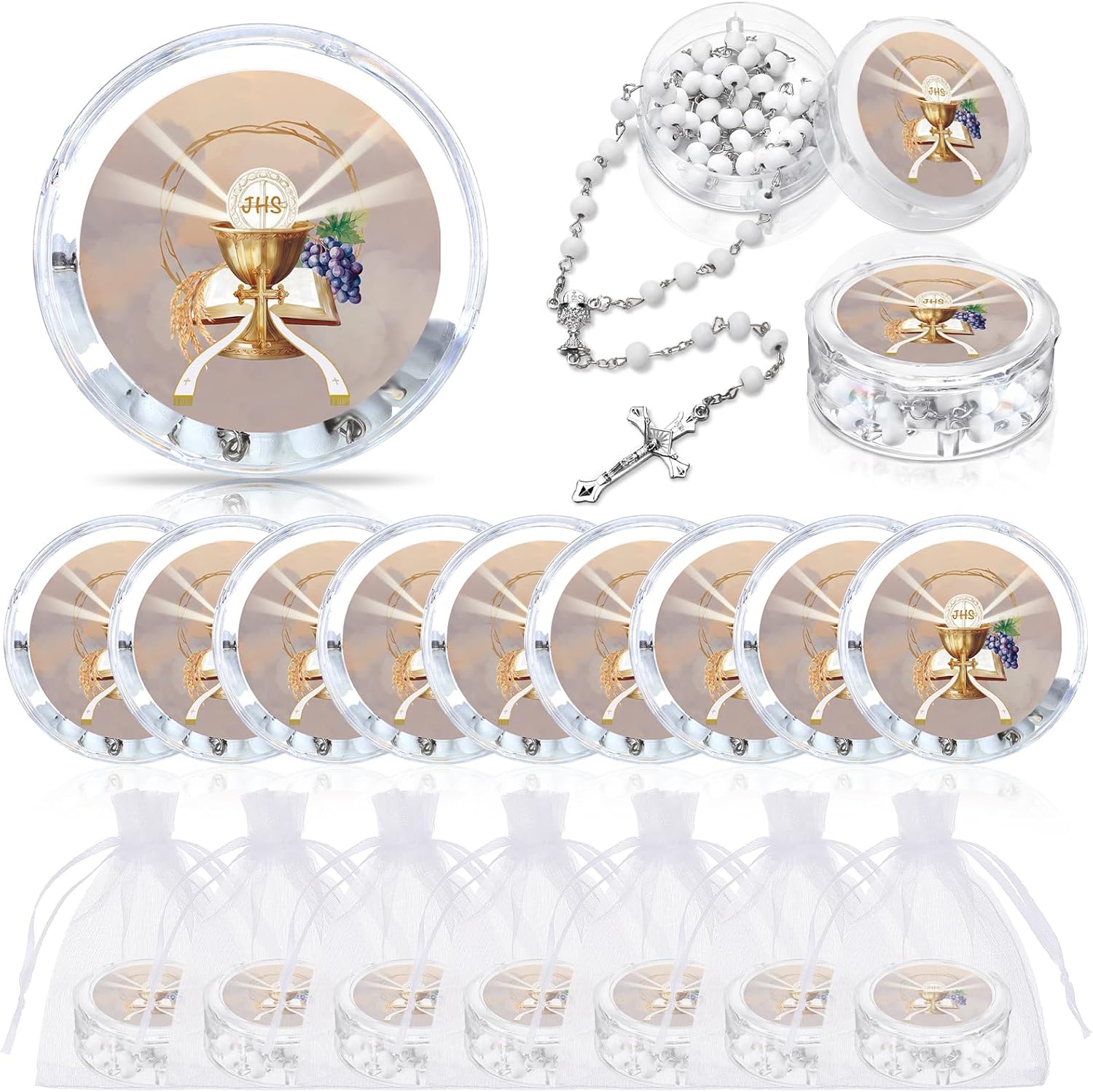 Tondiamo First Holy Communion Rosaries 12 piece set front view showing white scented beads and chalice centerpiece