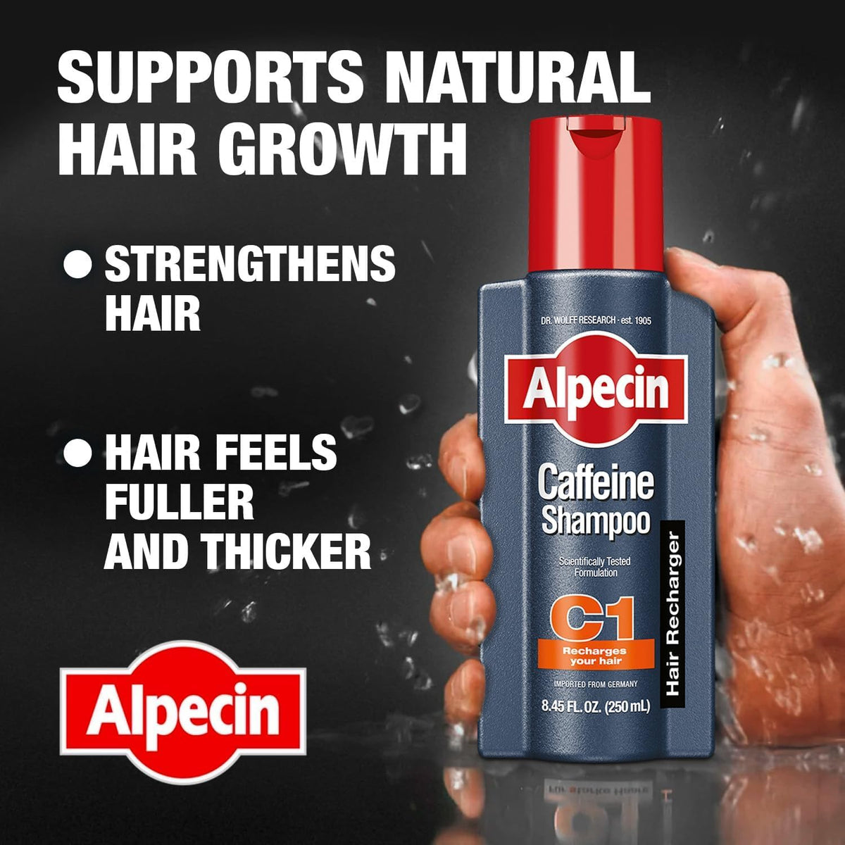 Alpecin C1 Caffeine Shampoo close up of cap and brand logo