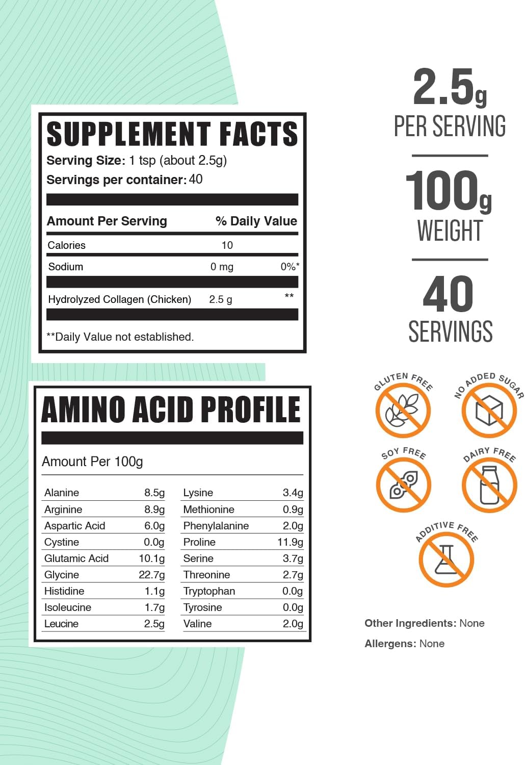 Hydrolyzed chicken collagen peptides unflavored supplement powder container displaying nutrition facts and serving size details.