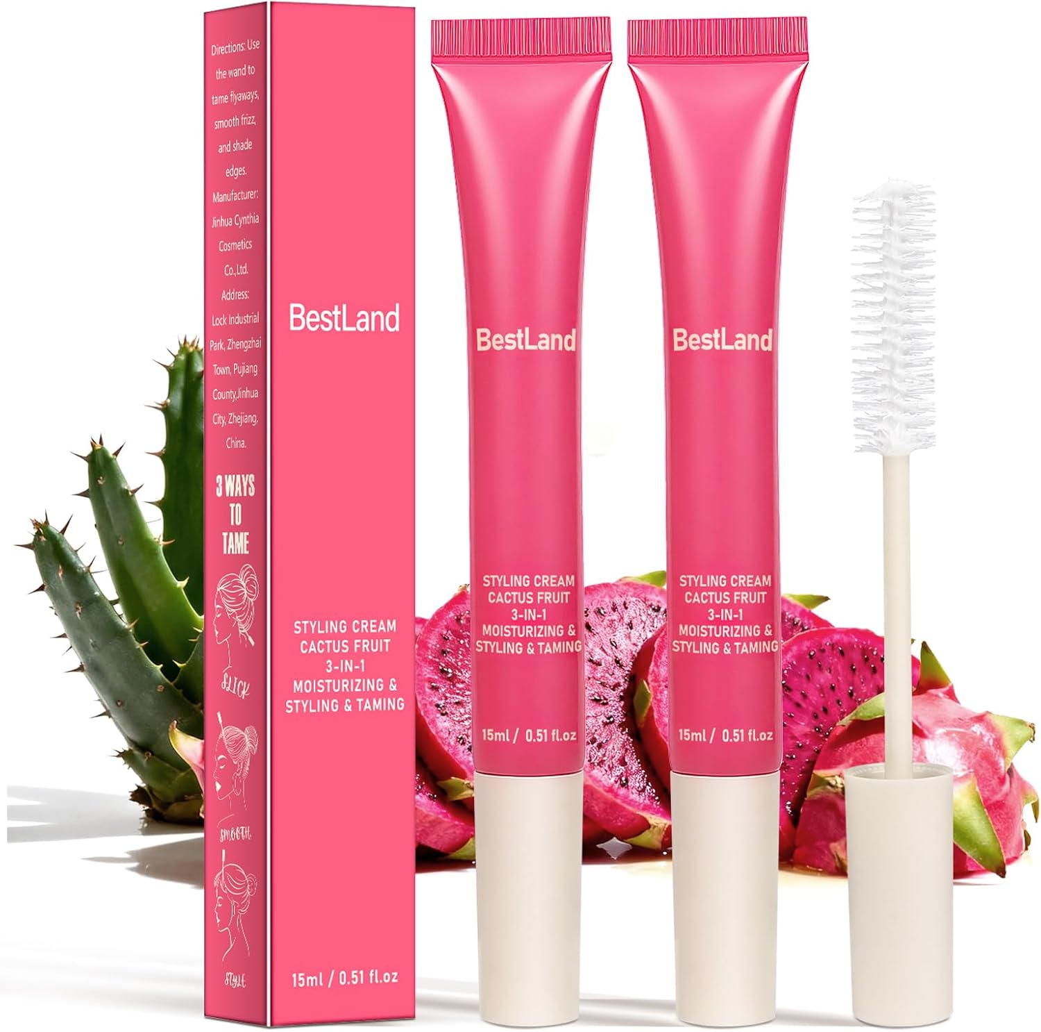 BestLand Hair Cactus Fruit 3-in-1 Styling Cream front view showing pink packaging.