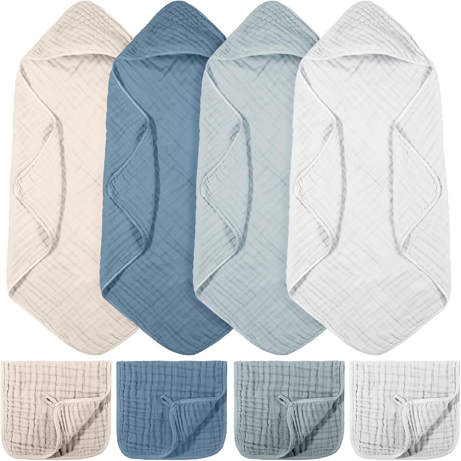 VitalCozy 8 Pcs baby muslin hooded bath towels and washcloths front view