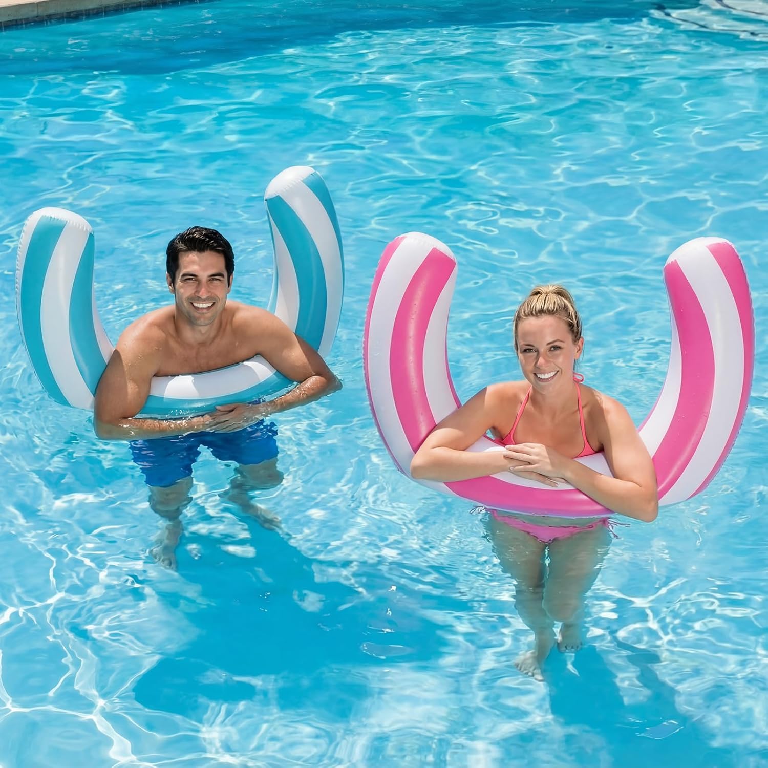 Teyva Daily Inflatable Curved Swimming Pool Noodle front view showing pink and blue striped pattern