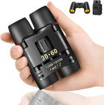 QICBIUD compact binoculars front view showcasing the sleek folding frame and red accented objective lenses.
