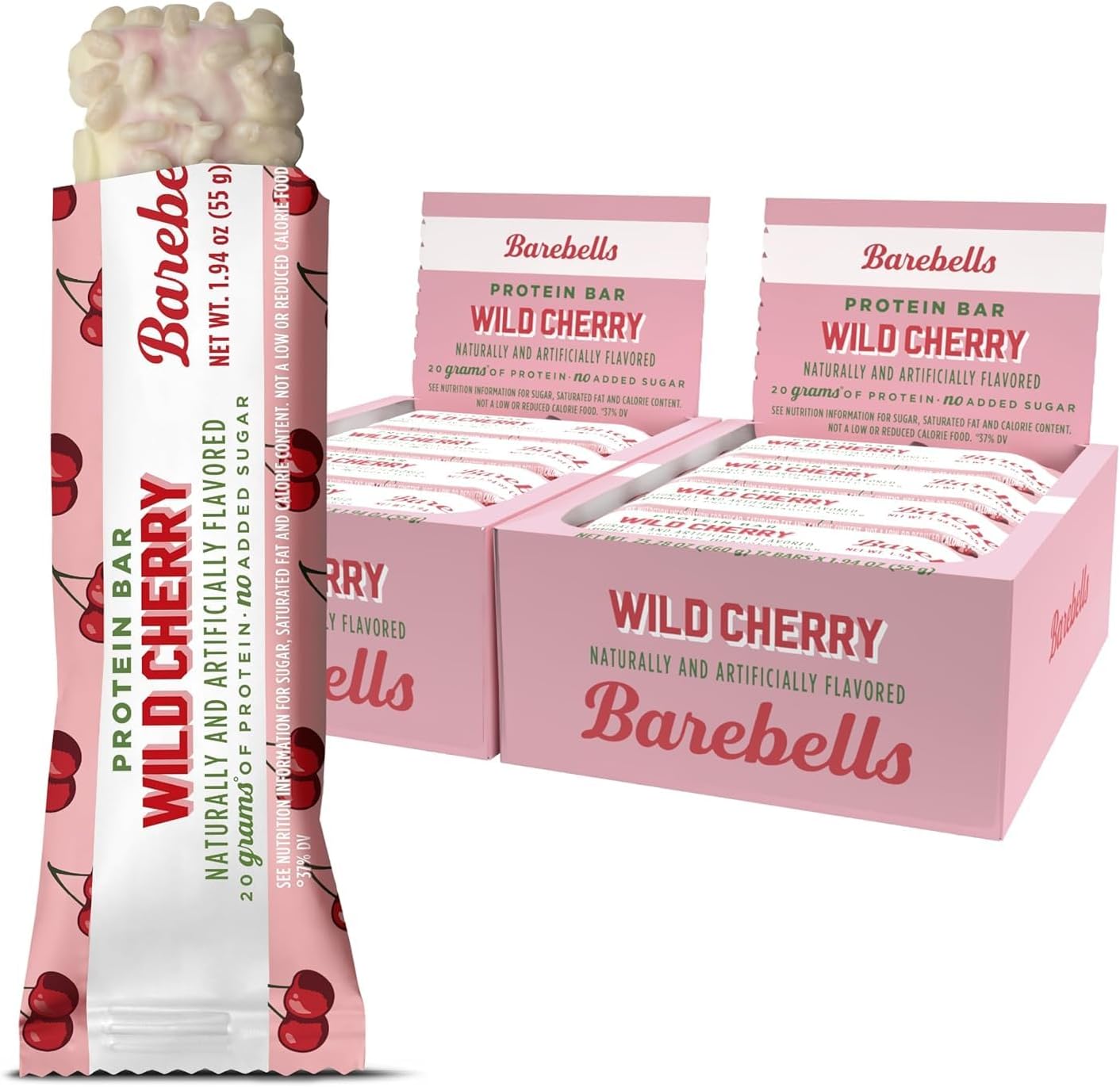 Barebells Wild Cherry Protein Bars front view package display