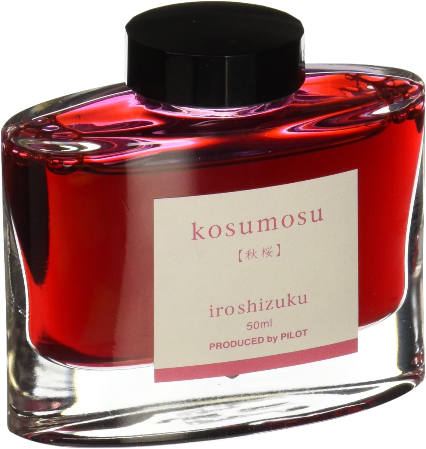 Pilot fountain pen ink bottle front view showing Kosumosu pink shade