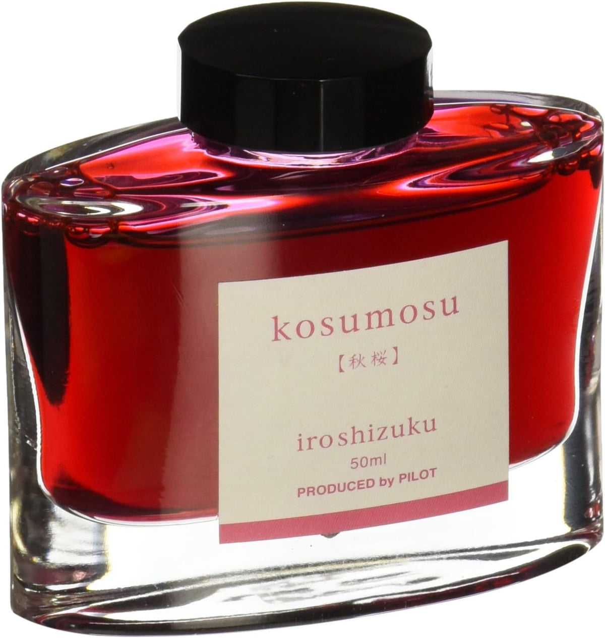 Pilot fountain pen ink bottle front view showing Kosumosu pink shade