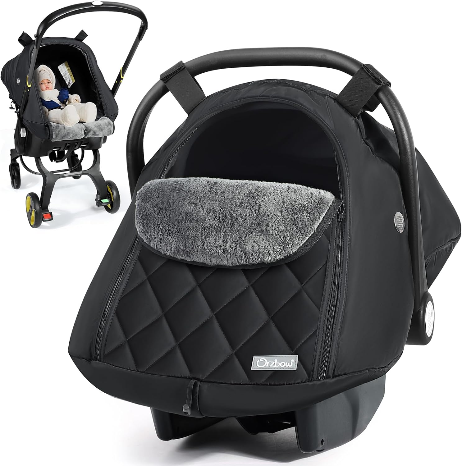 Orzbow winter baby car seat cover front view showing the premium black waterproof fabric shell.