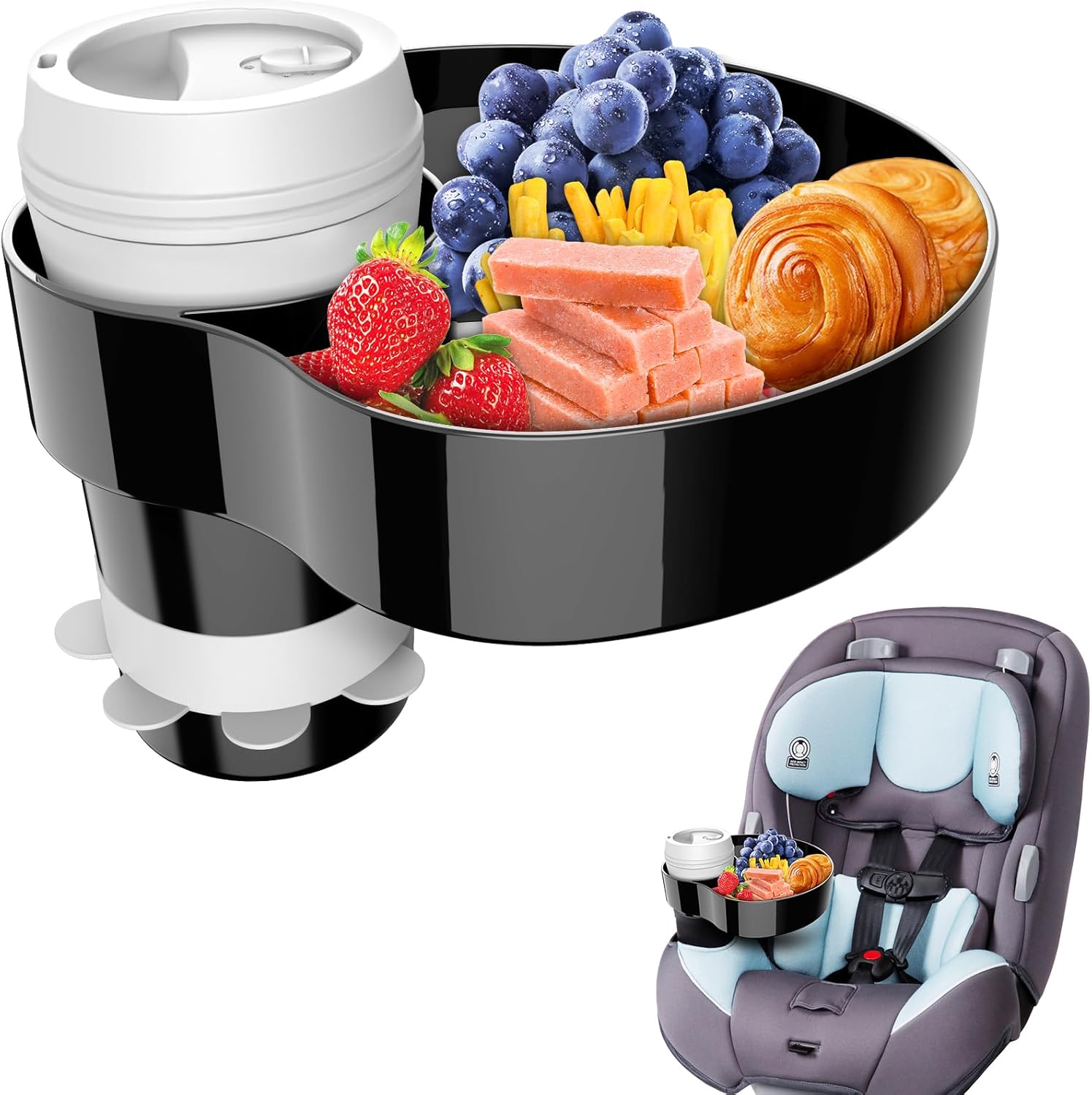 AISHAIDO kids car seat travel tray front view showcasing the black snack plate and built in cup holder.
