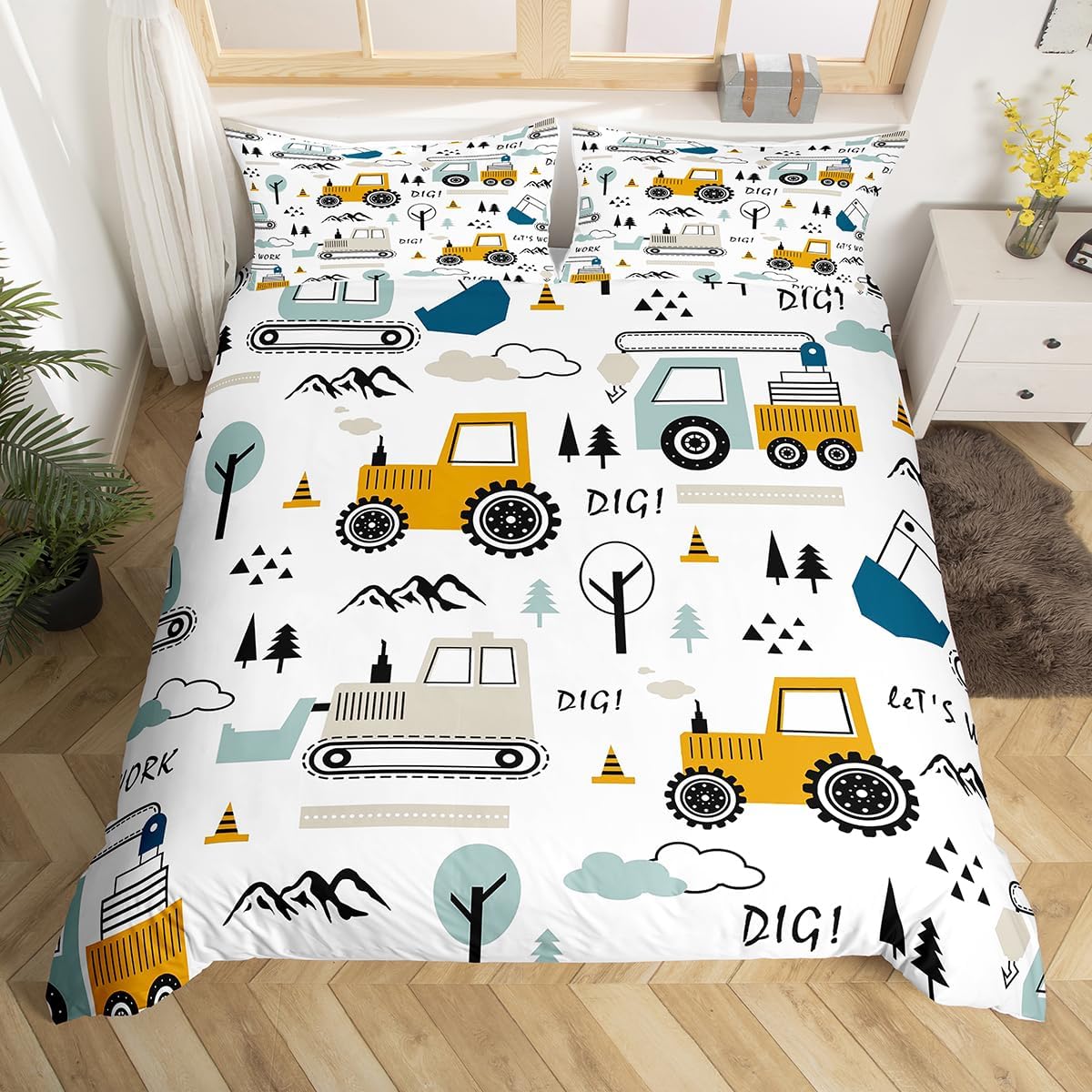 Feelyou cartoon construction vehicles twin bedding set front view showcasing yellow excavator graphics.