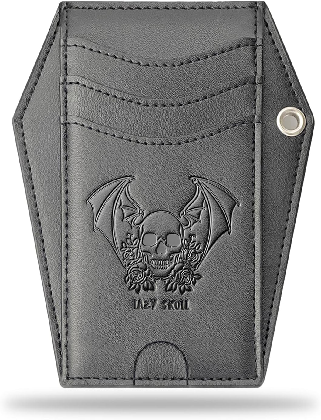 Lazy Skull minimalist coffin wallet front view showing embossed skull design