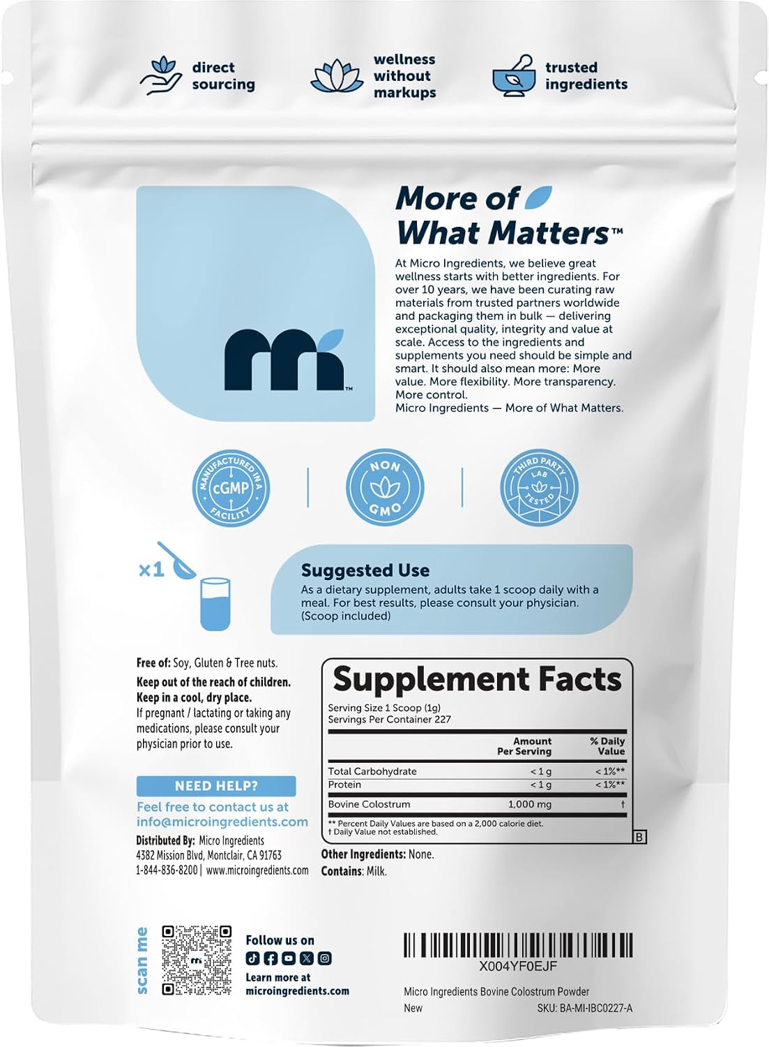 Micro Ingredients Bovine Colostrum Powder supplement facts label