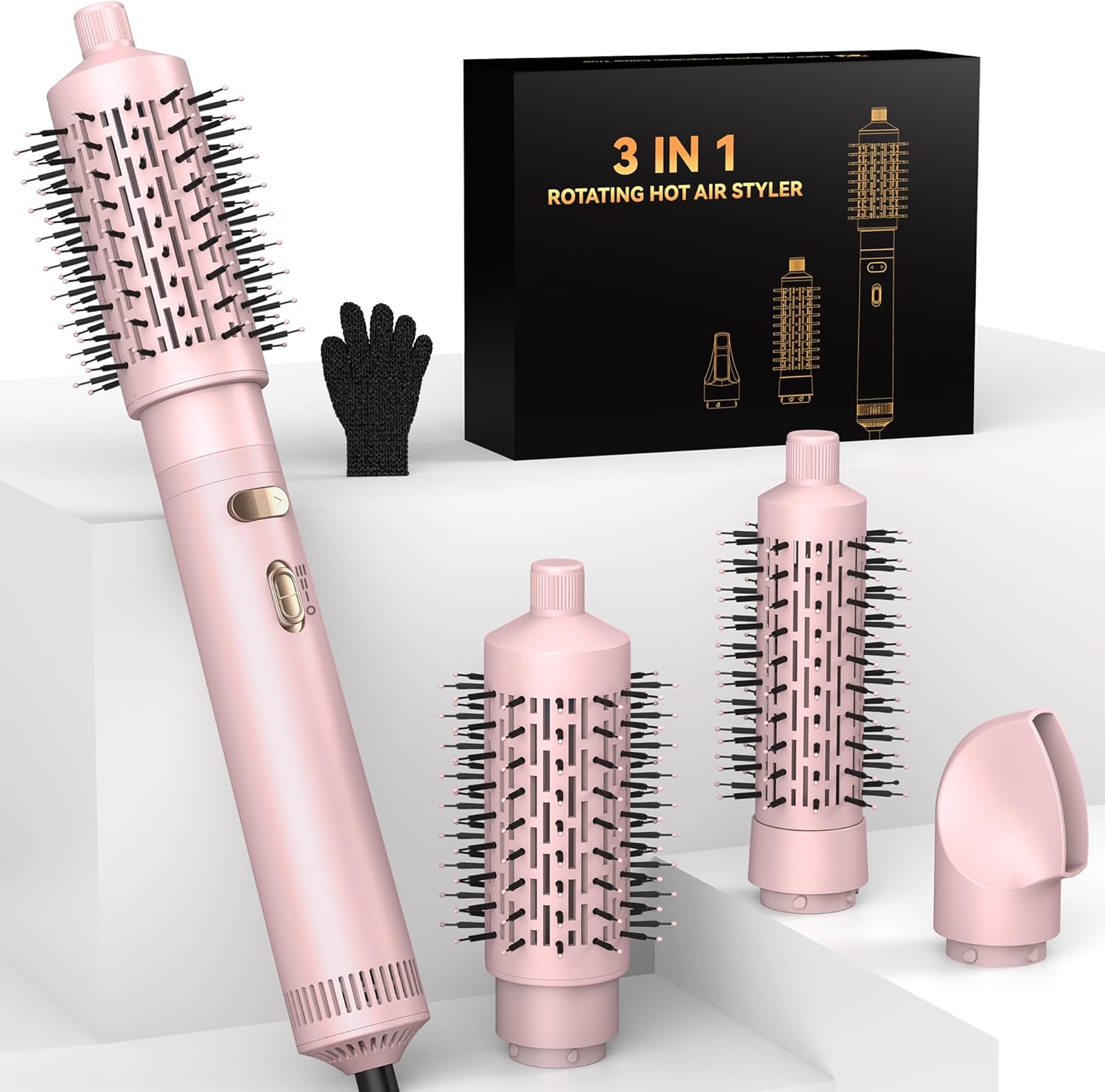 Trylater 4 in 1 rotating hair dryer brush front view displaying the pink handle and attached two inch barrel