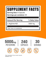 Side angle view of BulkSupplements Arginine 240 count packaging displaying the nutritional supplement facts label.