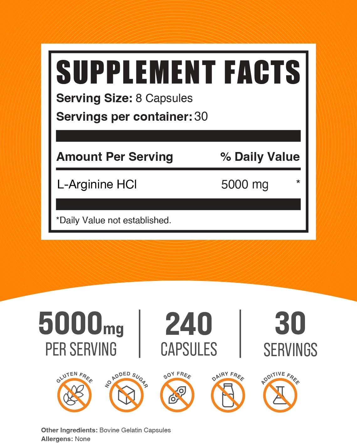 Side angle view of BulkSupplements Arginine 240 count packaging displaying the nutritional supplement facts label.