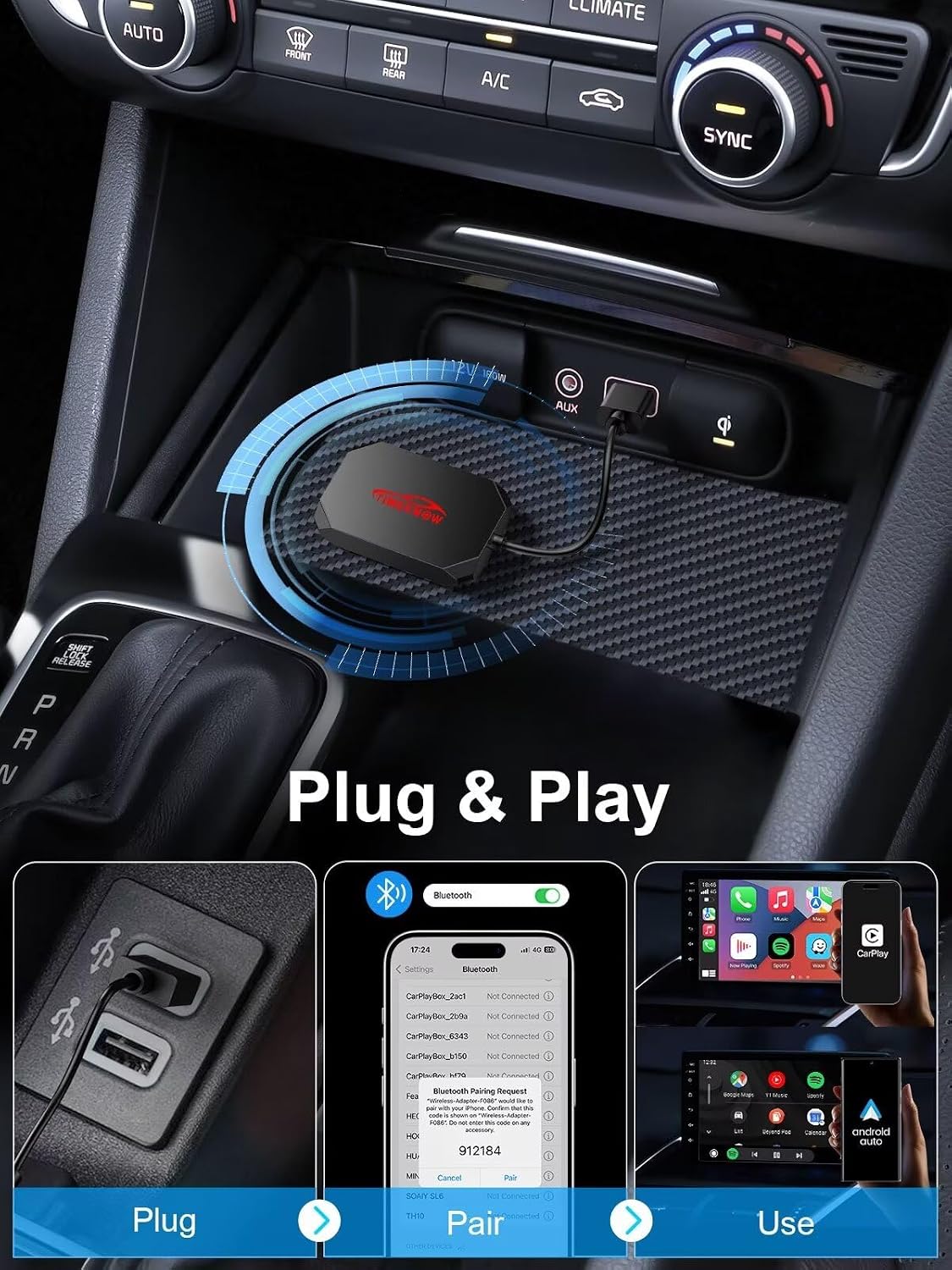 TIMEKNOW wireless carplay adapter plugged into vehicle USB port