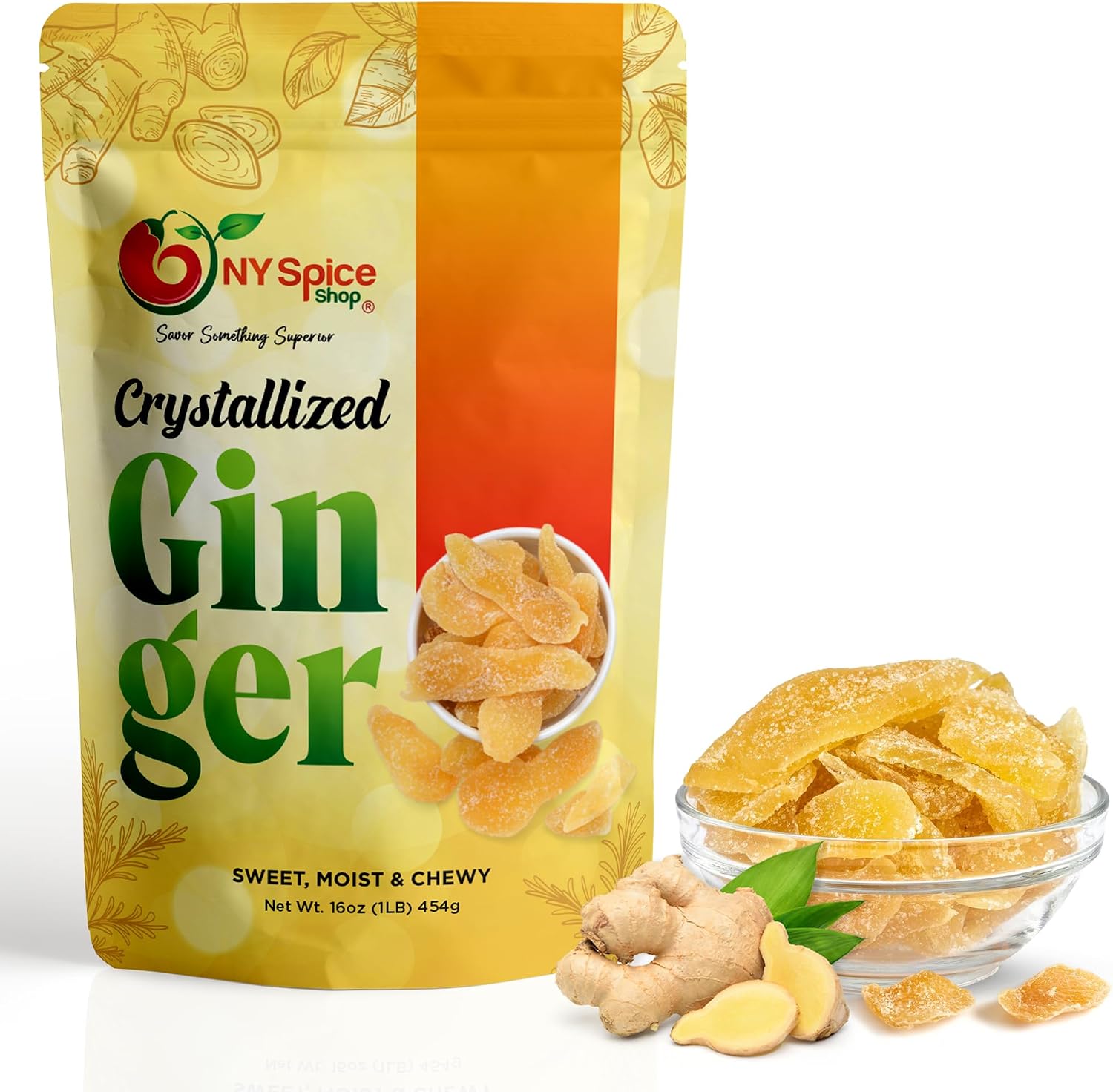 NY Spice Shop Candied Ginger Slices 16 Ounce front view package of crystallized ginger candy.