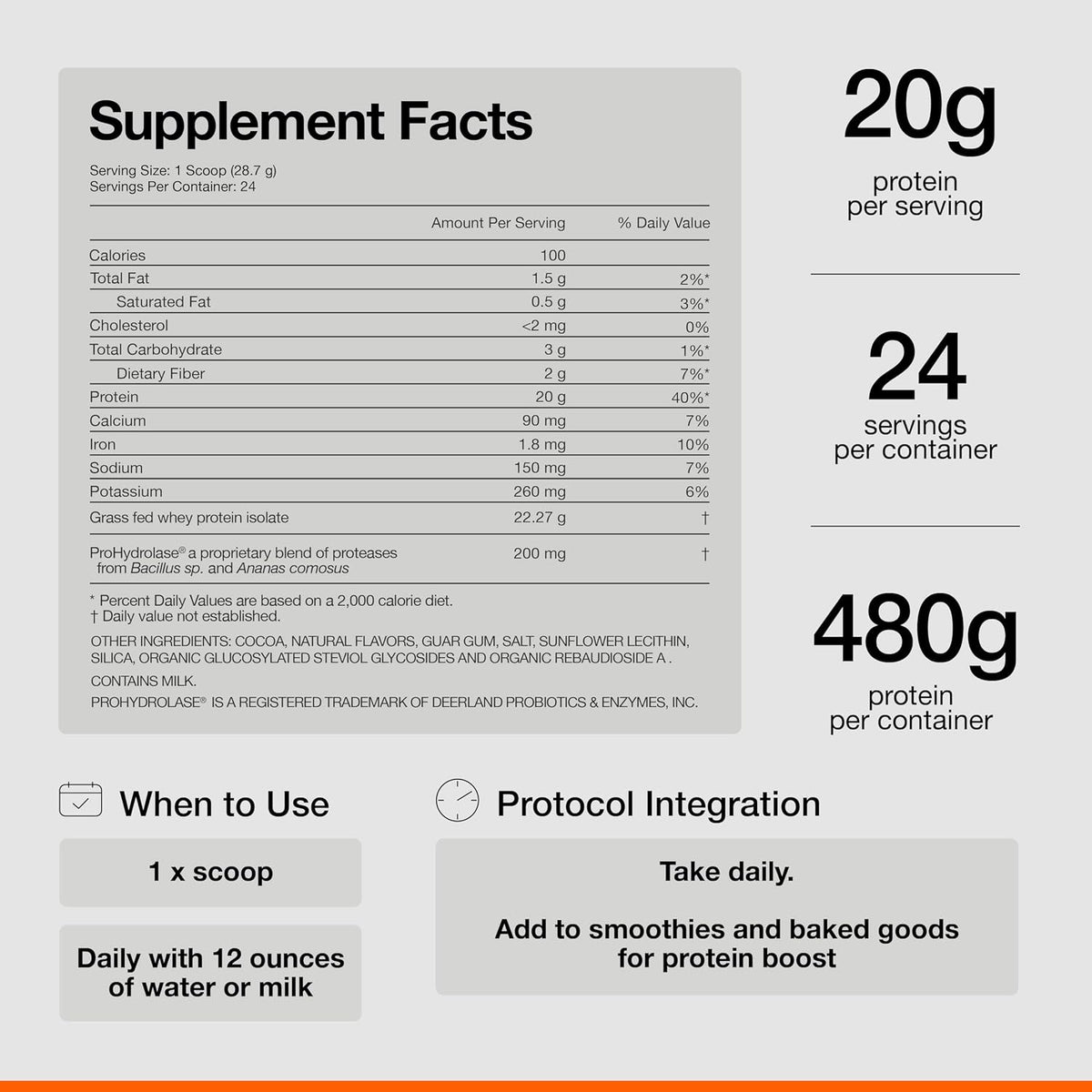 Momentous grass-fed whey protein isolate tub nutrition facts label